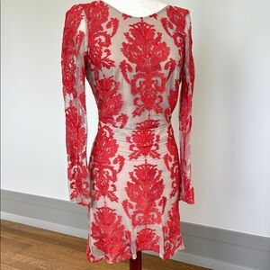 For Love And Lemons Red and Cream Long Sleeve Dress